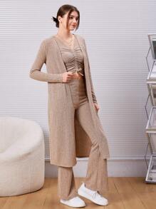 SHEIN Teen Girl Cardigan & Top & Pants - Khaki - View 5