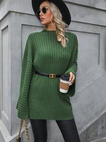 SHEIN Clasi Cổ giả Tay áo kèn  Đồ đan Ribbed Áo len Không có thắt lưng - xanh quân đội - Xem 6