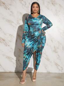 SHEIN SXY Talla grande Vestido con estampado de mármol fruncido bajo asimétrico - Multicolor - Ver 3