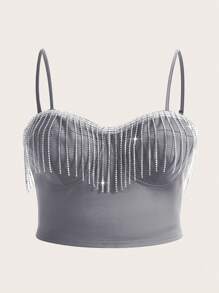 Flirla Talla grande Top de tirantes con diamante de imitación ribete con fleco - Gris - Ver 1