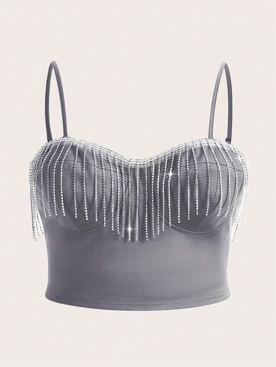 Flirla Talla grande Top de tirantes con diamante de imitación ribete con fleco - Gris - Ver 1