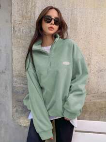 DAZY Letter Patched Half Zip Drop Shoulder Sweatshirt,Fall Women Clothes - Mint Green - View 1