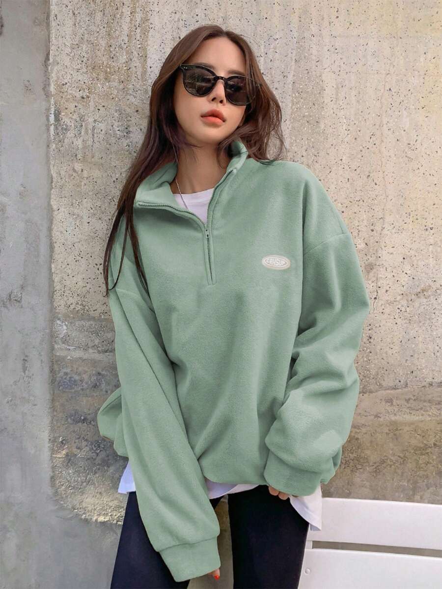 DAZY Letter Patched Half Zip Drop Shoulder Sweatshirt,Fall Women Clothes - Mint Green - View 1