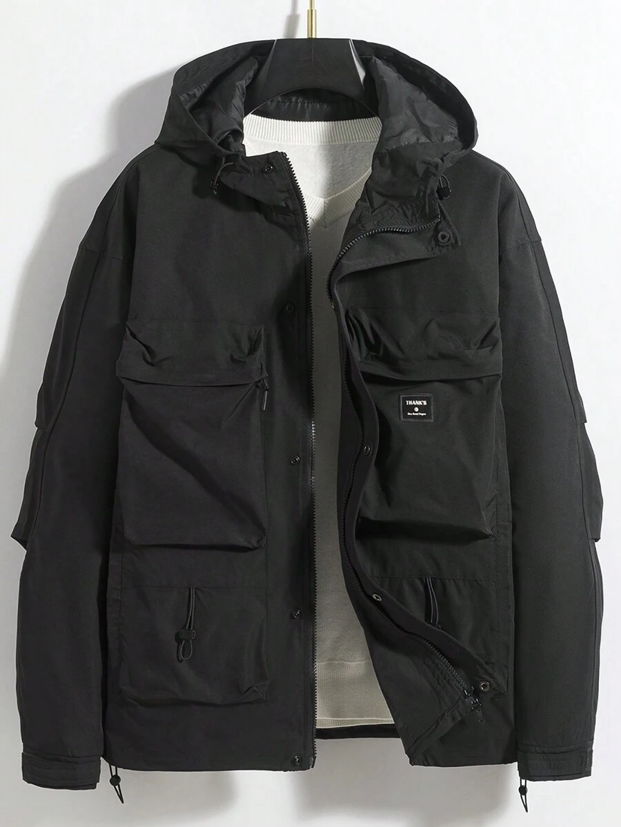 Manfinity Hypemode 男士翻蓋口袋抽繩下擺連帽夾克不帶T恤 - 黑色 - 查看 1