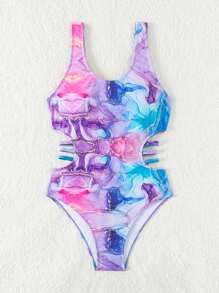 青少年女孩大理石圖案鏤空連體泳衣 - 彩色 - 查看 3