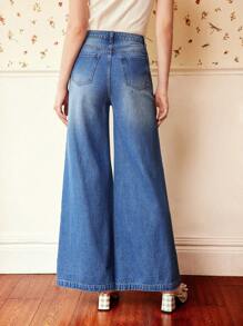 Vintamour High Waist Button Fly Wide Leg Jeans - Dark Wash - View 2