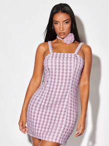 SHEIN BAE 格紋印花吊帶洋裝附項圈 - 粉色 - 查看 4