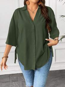 Calvaya Talla grande Camisa unicolor de hombros caídos con nudo bajo curvo - Verde militar - Ver 1