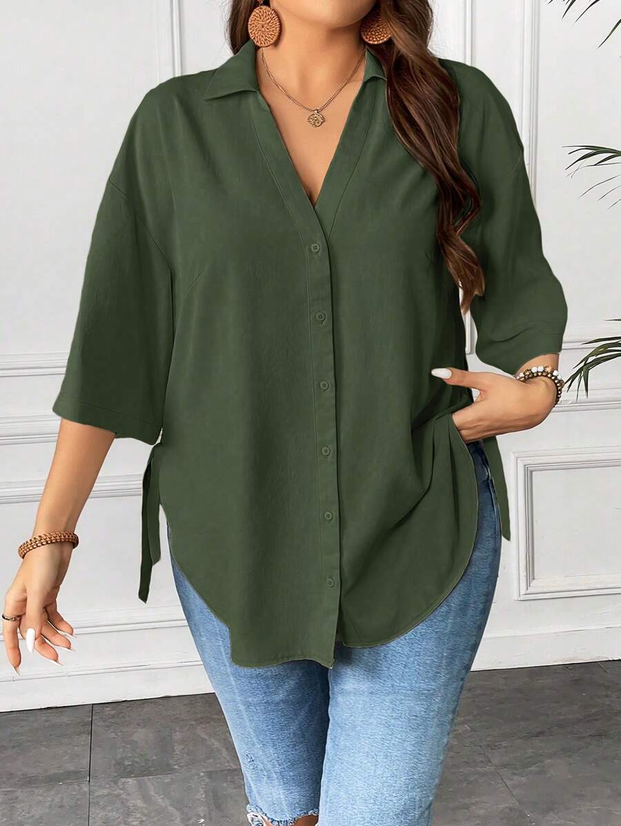 Calvaya Talla grande Camisa unicolor de hombros caídos con nudo bajo curvo - Verde militar - Ver 1