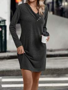 EMERY ROSE Chất rắn Chi tiết Nút Váy áo thun - Màu xám đen - Xem 2