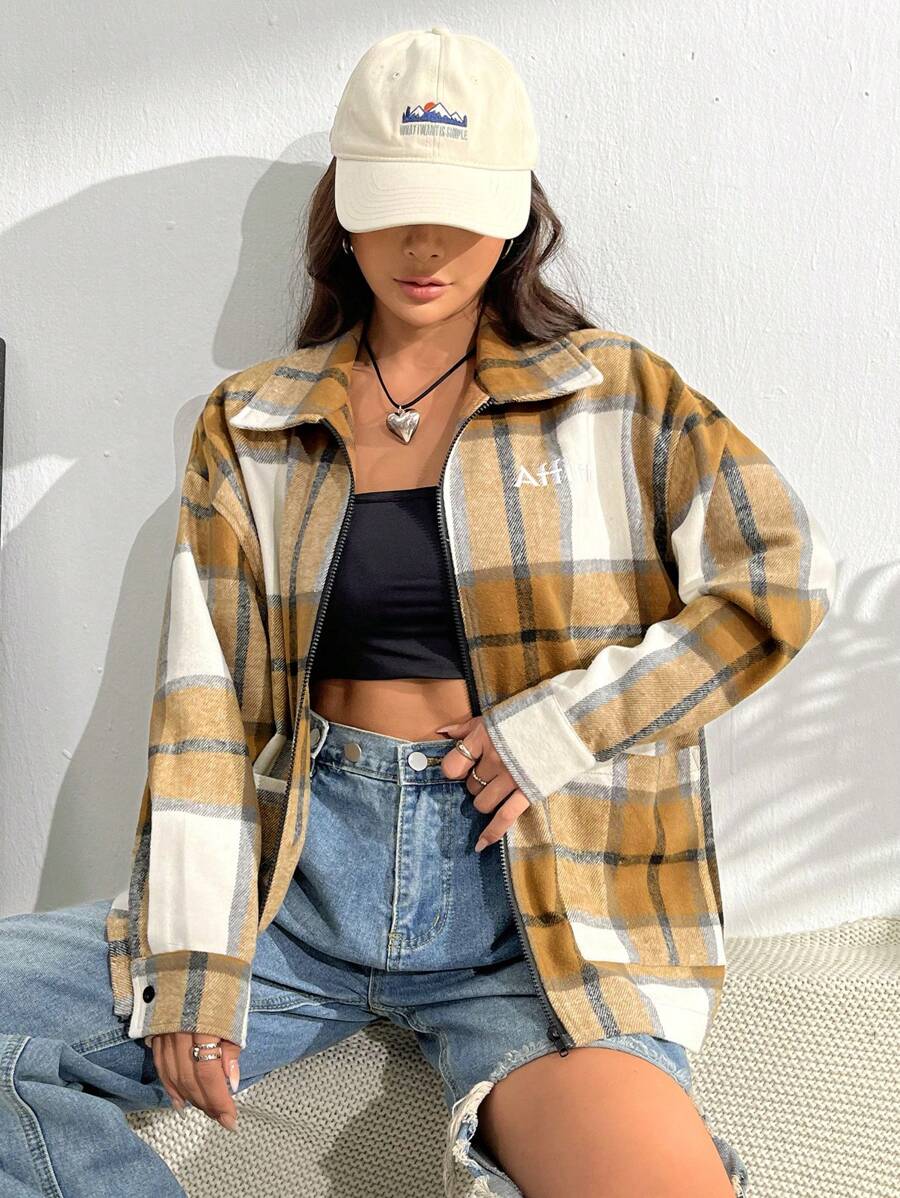 SHEIN Unity Plaid Print Drop Shoulder Zip Up Drop Shoulder Coat - Multicolor - View 1