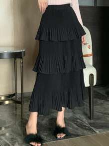 DAZY Solid Layer Ruffle Hem Pleated Skirt Fall Skirts