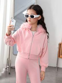 SHEIN 女大童1入組落肩袖拉鍊開襟毛茸邊連帽夾克和1入組喇叭褲 - 粉色 - 查看 3