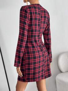 SHEIN Clasi Plaid Print Button Detail Wrap Dress - Red - View 2