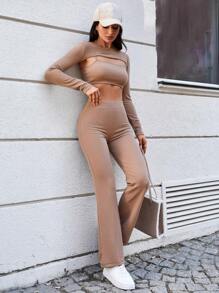 EURMUSE Solid Super Crop Top & Cami Top & Pants - Beige - View 4
