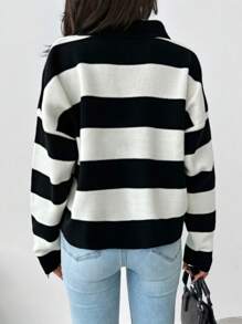 EURMUSE Striped Pattern Drop Shoulder Sweater - Black - View 2