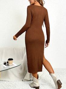 SHEIN Maternity Sweetheart Neck Split Thigh Bodycon Dress - Brown - View 2