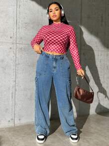 SHEIN EZwear Plus 格纹印花生菜边饰高领网眼上衣，夏季 - 玫紅色 - 查看 3