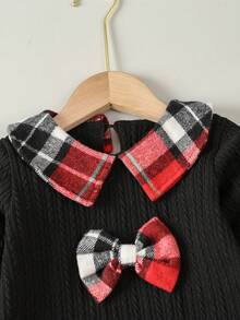 SHEIN 女小童格紋印花前蝴蝶結娃娃領運動衫&紙袋腰百褶半身裙 - 紅色 - 查看 3