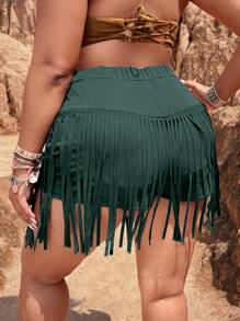 SHEIN Holidaya Plus Western Cowgirl Fringe Trimmed Fringe Hem Shorts - Dark Green - View 2