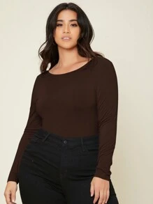 SHEIN BASICS Plus Solid Tee Bodysuit - Coffee Brown - View 1