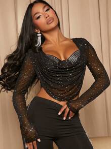 SHEIN SXY 亮片裝飾垂領短款網紗上衣 - 黑色 - 查看 1