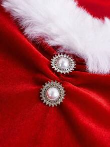 SHEIN Girlism 少女聖誕節休閒甜心領口邊長袖連衣裙 - 紅色 - 查看 4