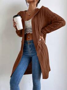 Chiquease 麻花編織腰部抽繩連帽開襟開衫 - 咖啡棕 - 查看 1