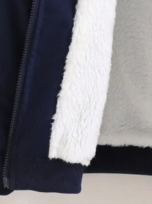 SHEIN Tween Boy Letter Graphic Flap Pocket Teddy Lined Hooded Jacket - Navy Blue - View 3