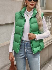 Chiquease Chất rắn Dây kéo Áo vest Puffer Gilet - màu xanh lá - Xem 5