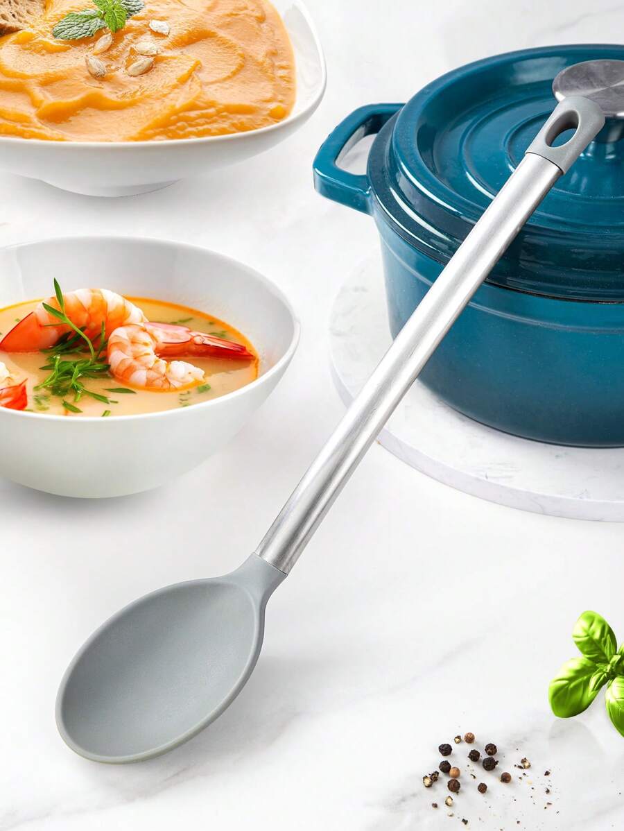 SHEIN Basic living 1Pc Mixing Spoon With Stainless Steel Handle Scratch-Resistant & Heat-Resistant Stirring, Kitchen Utensil For Nonstick Cookware & Cast Iron Skillets - Light Grey - View 1
