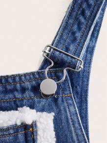 SHEIN MOD Contrast Teddy Trim Pocket Front Denim Overall Dress - Dark Wash - View 3
