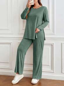SHEIN Frenchy Plus Split Hem Tee & Pants - Green - View 1