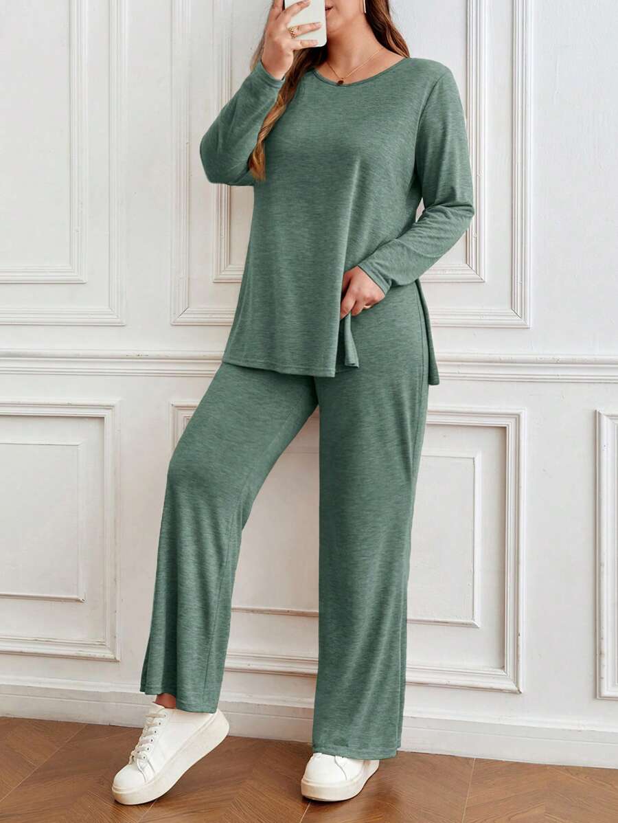 SHEIN Frenchy Plus Split Hem Tee & Pants - Green - View 1
