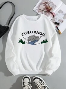 SHEIN EZwear 大碼山和字母圖案保暖套頭衫 - 白色 - 查看 1