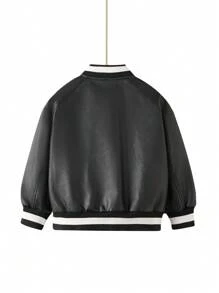 Chàng trai trẻ 1 Miếng Thêu Mẫu chữ Sọc trang trí chất liệu da PU Áo khoác bomber - màu đen - Xem 2