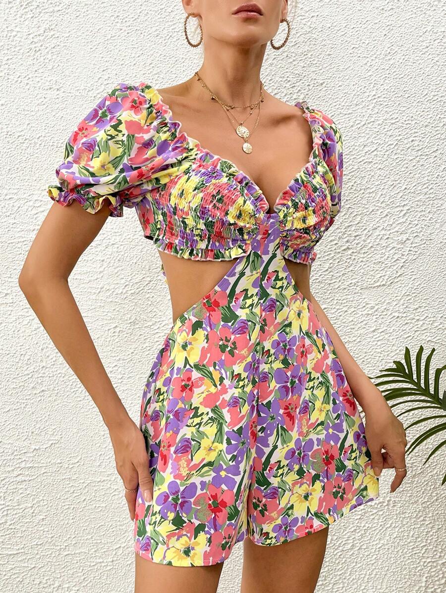 Soleia 印花腰部鏤空連身短褲 - 紫色 - 查看 1