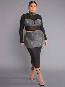 SHEIN SXY 大碼水鑽網紗上衣&鉛筆裙 - 黑色 - 查看 4