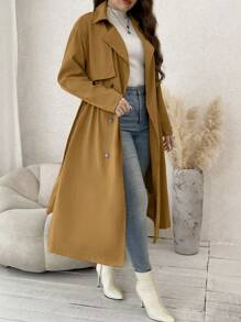 Calvaya 大碼西裝領雙排釦腰帶風衣外套 - 棕色 - 查看 1