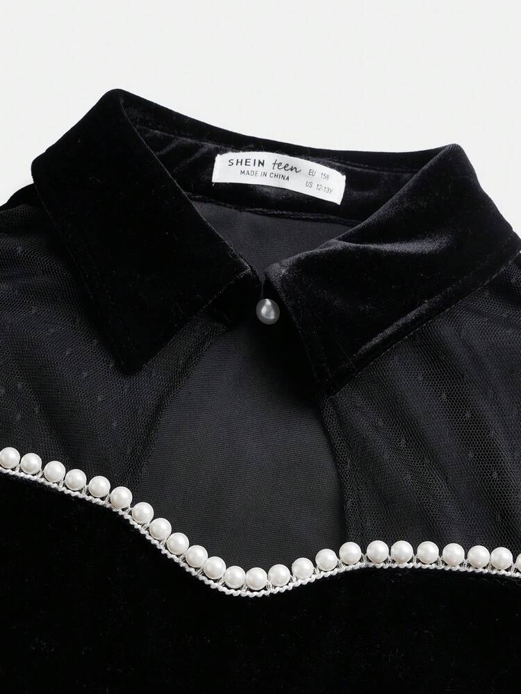 Teen Girl Pearls Detail Contrast Mesh Velvet Dress for Christmas