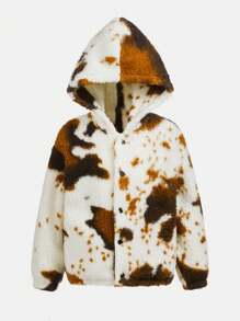 SHEIN Young Boy Cow Pattern Hooded Teddy Jacket With 3D Ear Design Hat,In Fall/Winter - Multicolor - View 7