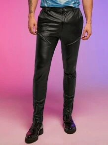 FeverCity Men Solid PU Leather Pants - Black - View 3