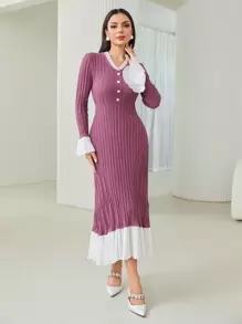 Modelyn Colorblock Flare Sleeve Ruffle Hem Sweater Dress - Purple - View 6