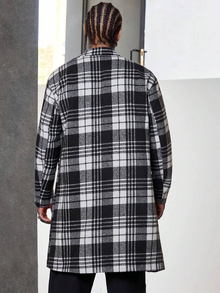 Loose Fit Men's Plaid Double-Breasted Overcoat, For Fall Winter