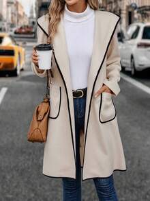 EMERY ROSE 撞色滾邊連帽腰帶花呢外套 - 杏色 - 查看 5