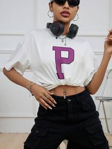 SHEIN EZwear In số Áo thun Thả vai - trắng - Xem 5