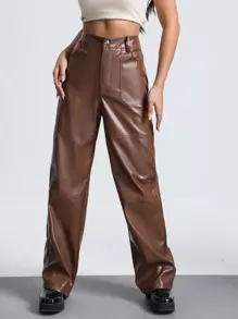 SHEIN Unity PU皮革闊腿褲 - 棕色 - 查看 1