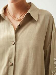 Anewsta Camisa con inserción de encaje guipur de hombros caídos - Caqui - Ver 5