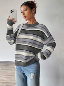 SHEIN Unity 條紋圖案落肩袖套頭毛衣