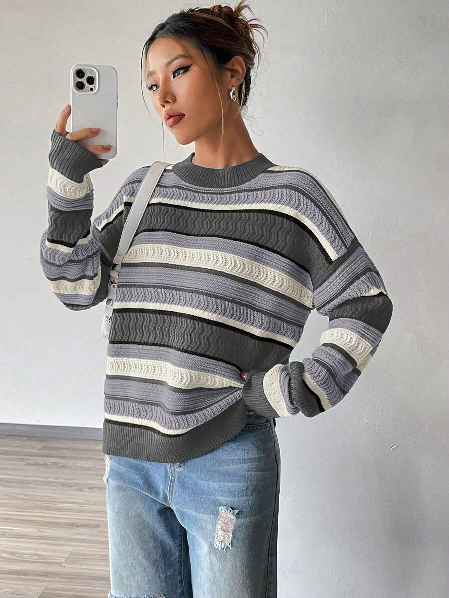 SHEIN Unity 條紋圖案落肩袖套頭毛衣